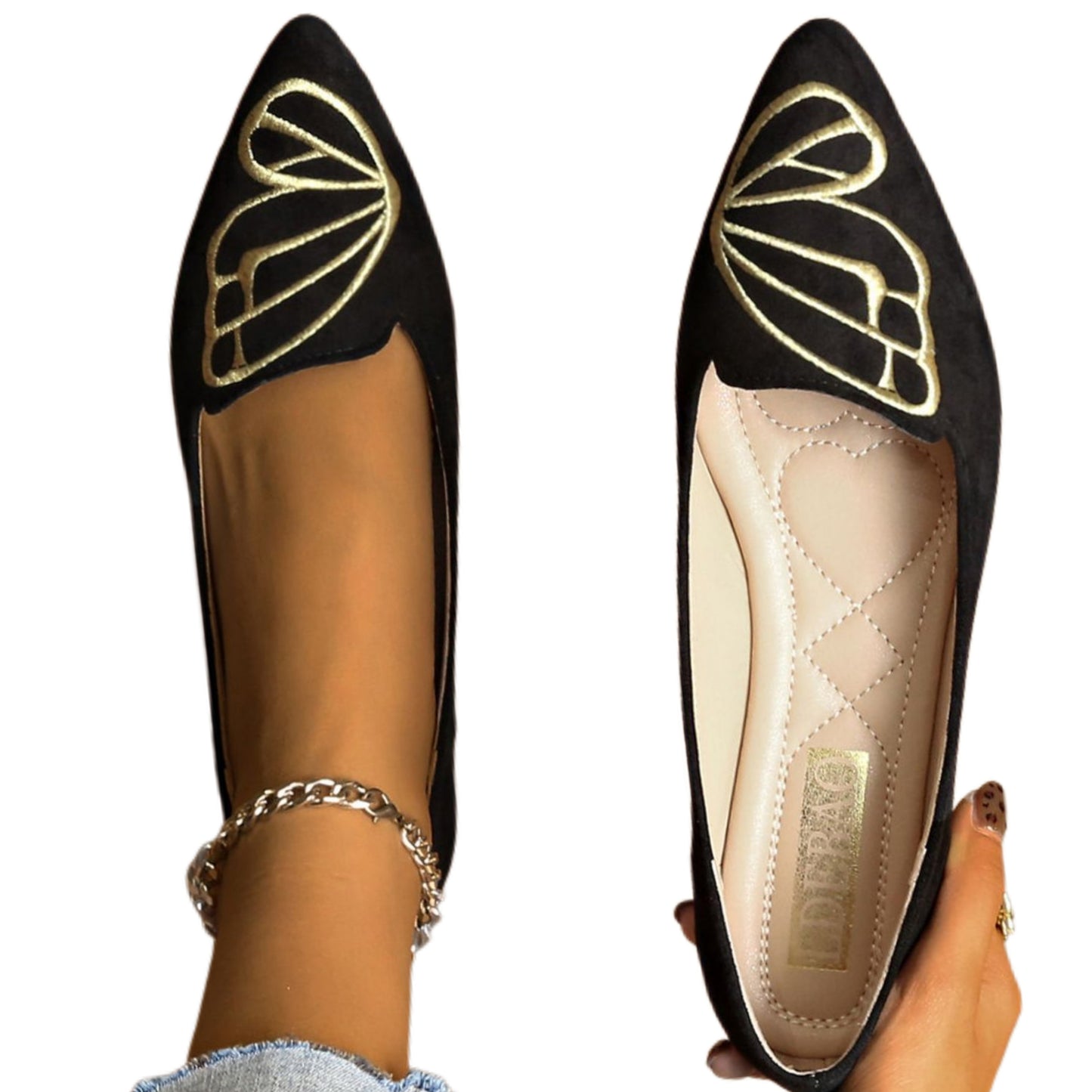 Butterfly Metallic Embroidered Pointed Toe Slip-On Ballet Flats Faux Suede Shoes