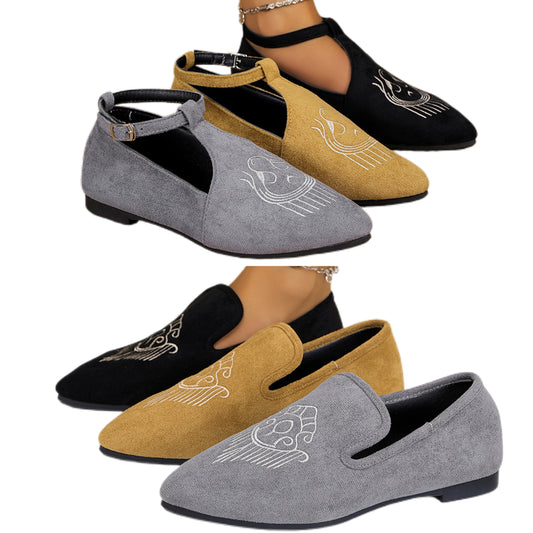 Pointed Toe Embroidered Slip-On Loafer or Ankle Strap Mary Jane Ballet Flats Vegan Suede Shoes