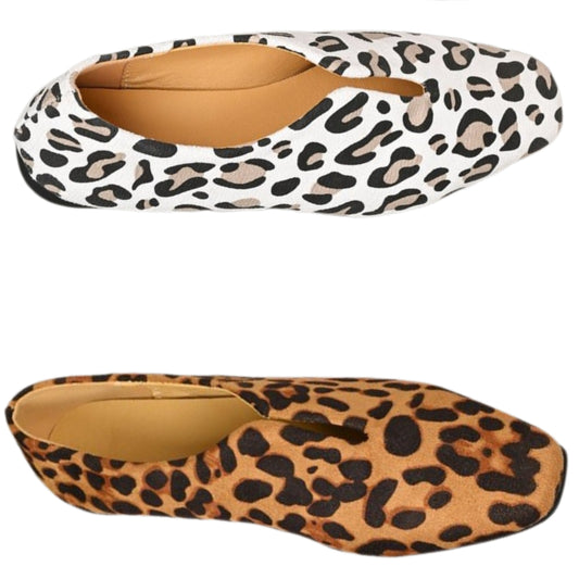 Leopard Square Toe Slip-On Slit Top Animal Print Ballet Flat Vegan Leather Shoes