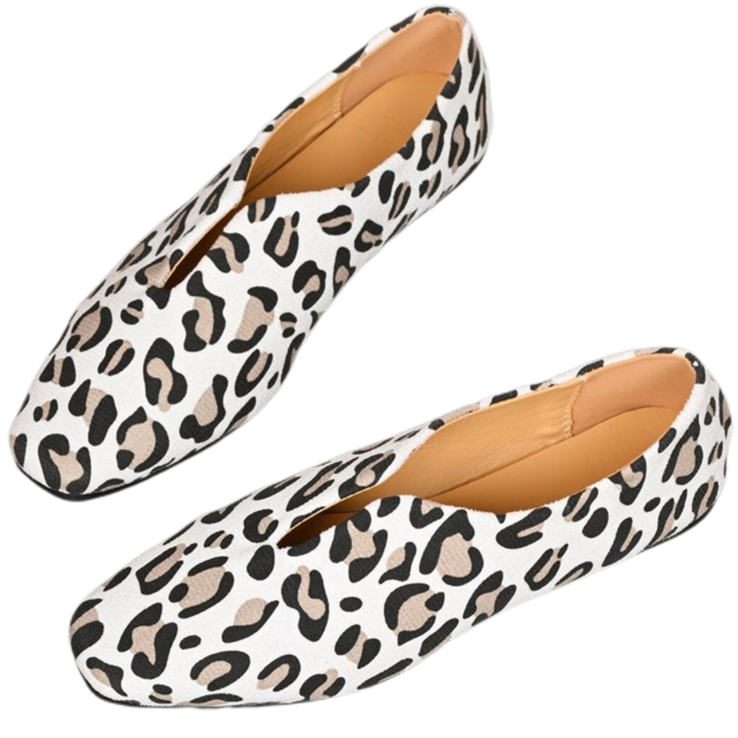 Leopard Square Toe Slip-On Slit Top Animal Print Ballet Flat Vegan Leather Shoes