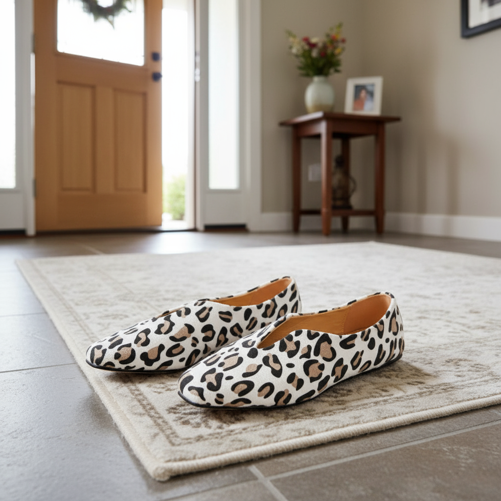 Leopard Square Toe Slip-On Slit Top Animal Print Ballet Flat Vegan Leather Shoes