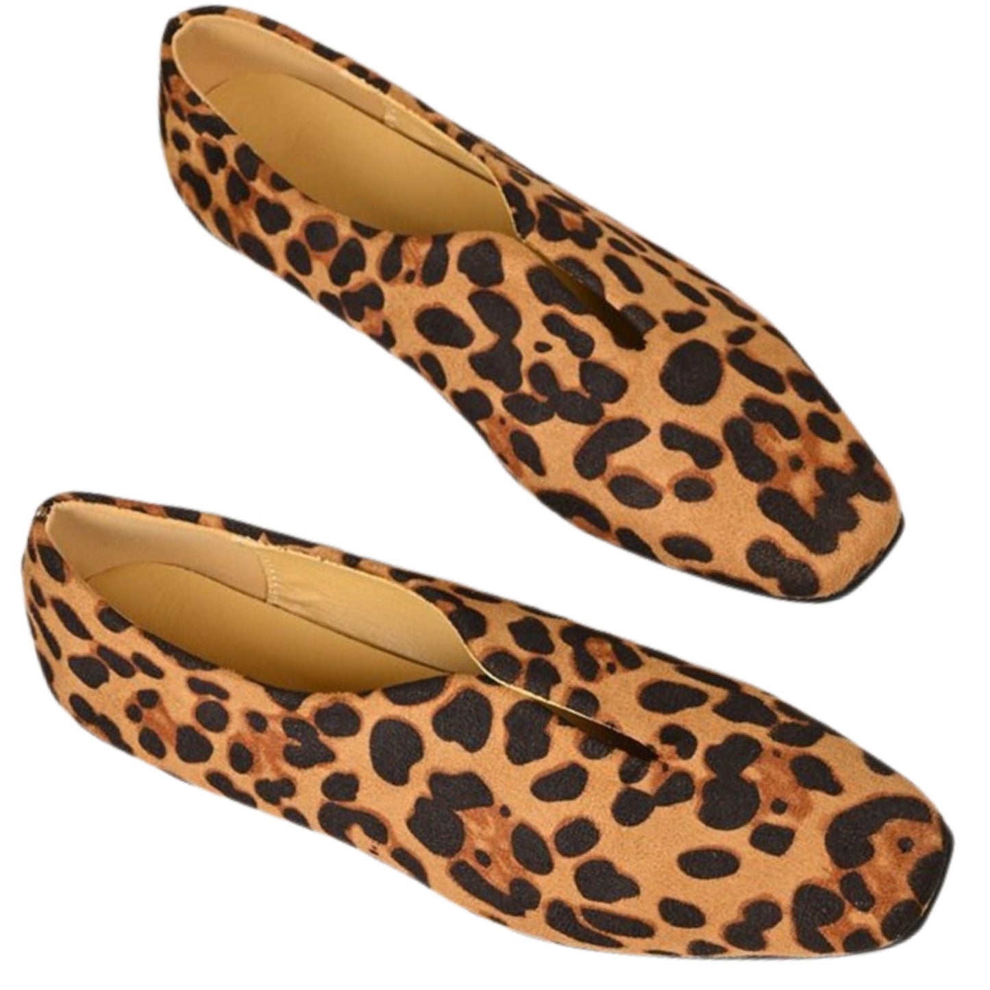 Leopard Square Toe Slip-On Slit Top Animal Print Ballet Flat Vegan Leather Shoes