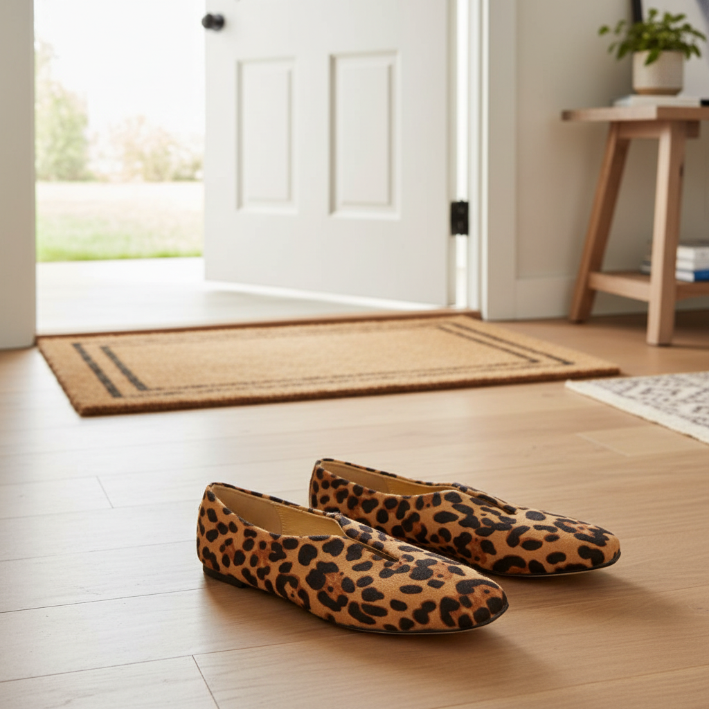 Leopard Square Toe Slip-On Slit Top Animal Print Ballet Flat Vegan Leather Shoes