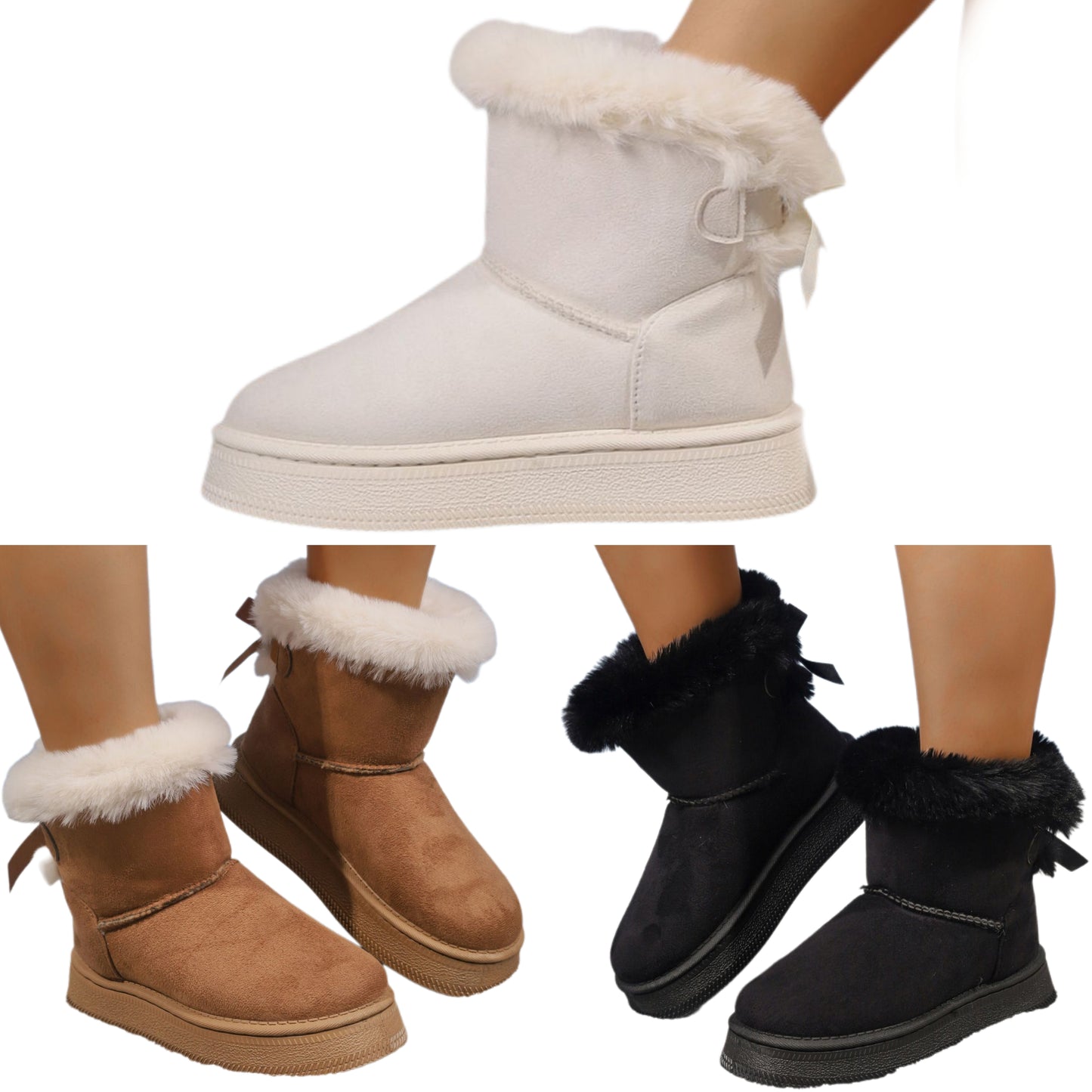 Classic Short Boots Bow Round Toe Platform Faux Fur Vegan Suede Winter Shoes