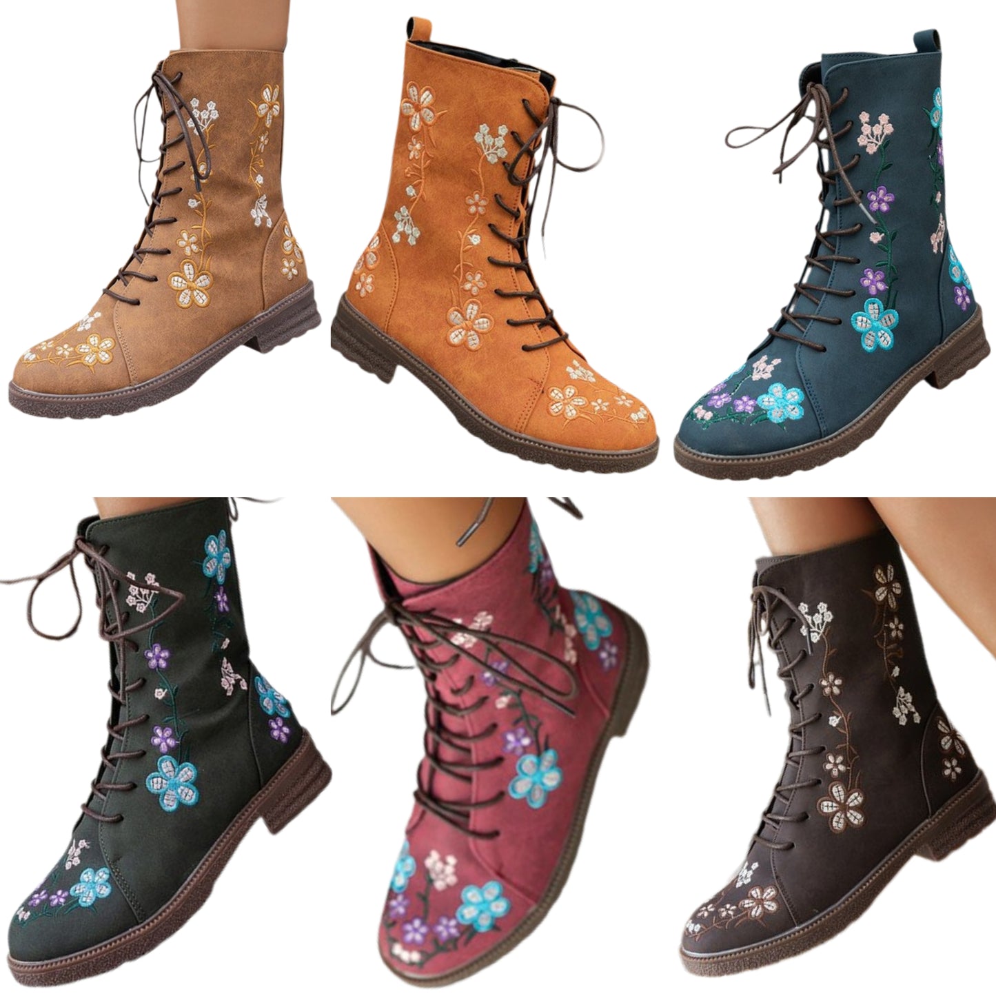 Embroidered Floral Round Toe Victorian-Inspired Low Block Heel Boots Lace-up Shoes