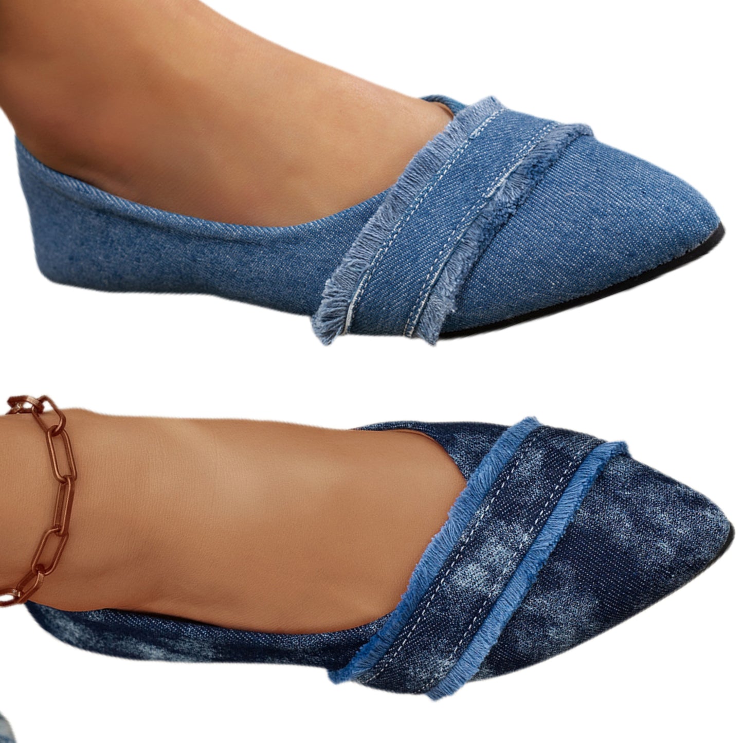 Denim Fringe Pointed Toe Flats Slip-On Artsy Shoes Retro 80s Vintage-inspired