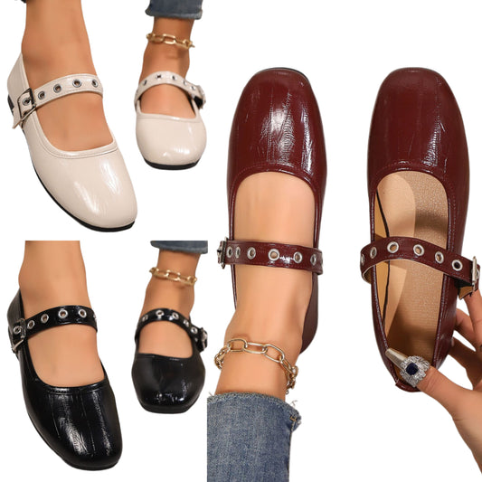 Mary Jane Loafers Glossy Vegan Patent Leather Round Toe Ballet Flats Buckle Shoes