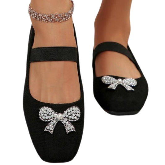 Rhinestone Pearl Bow Mary Jane Square Toe Ballet Flats Elastic Strap Slip-On Shoes