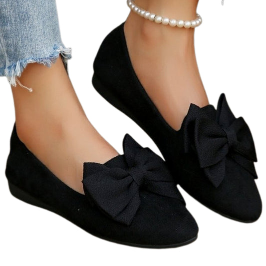 Large Bow Point Toe Slip-On Loafer Vegan Suede Shoes Lightweight Ballet Flats