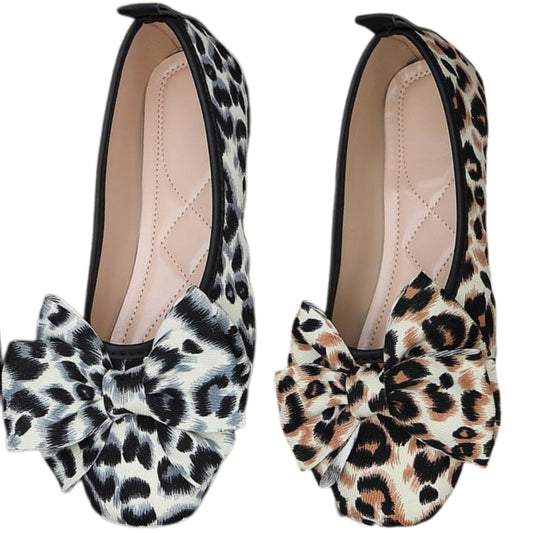 Large Bow Ballet Flats Leopard Slip-On Round Toe Lightweight Animal Loafer Shoe