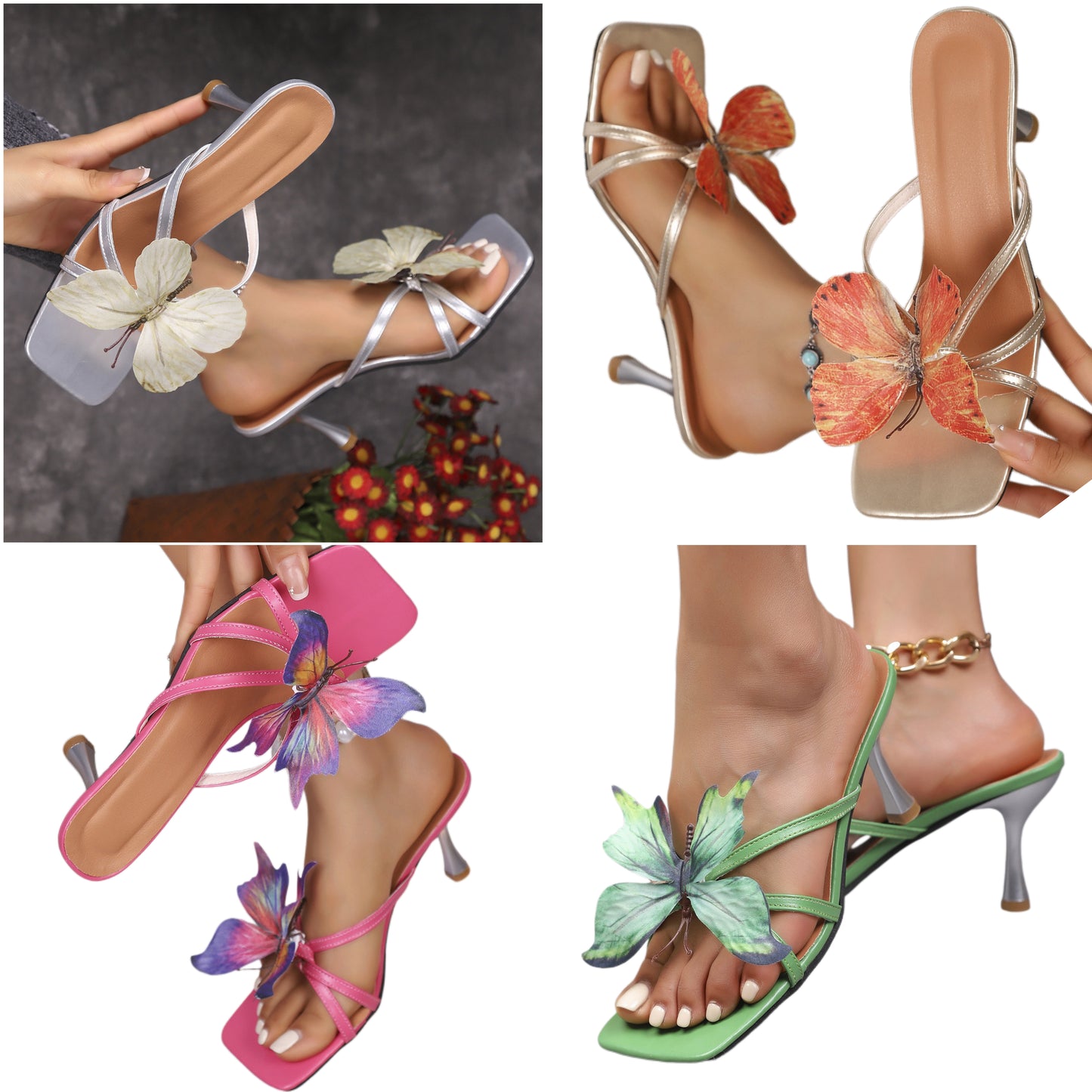 Large 3D Butterfly Colorful Open Toe Low Heel Sandals Strappy Slip-on Shoes