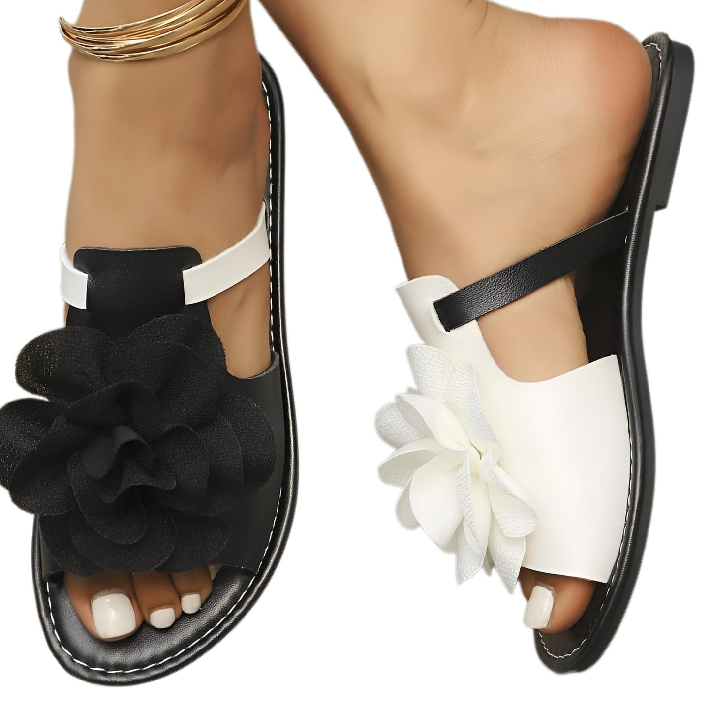 Large 3D Flower Slides Open Toe Slip-On Flats Sandals Color Contrasting Two-Tone Shoes