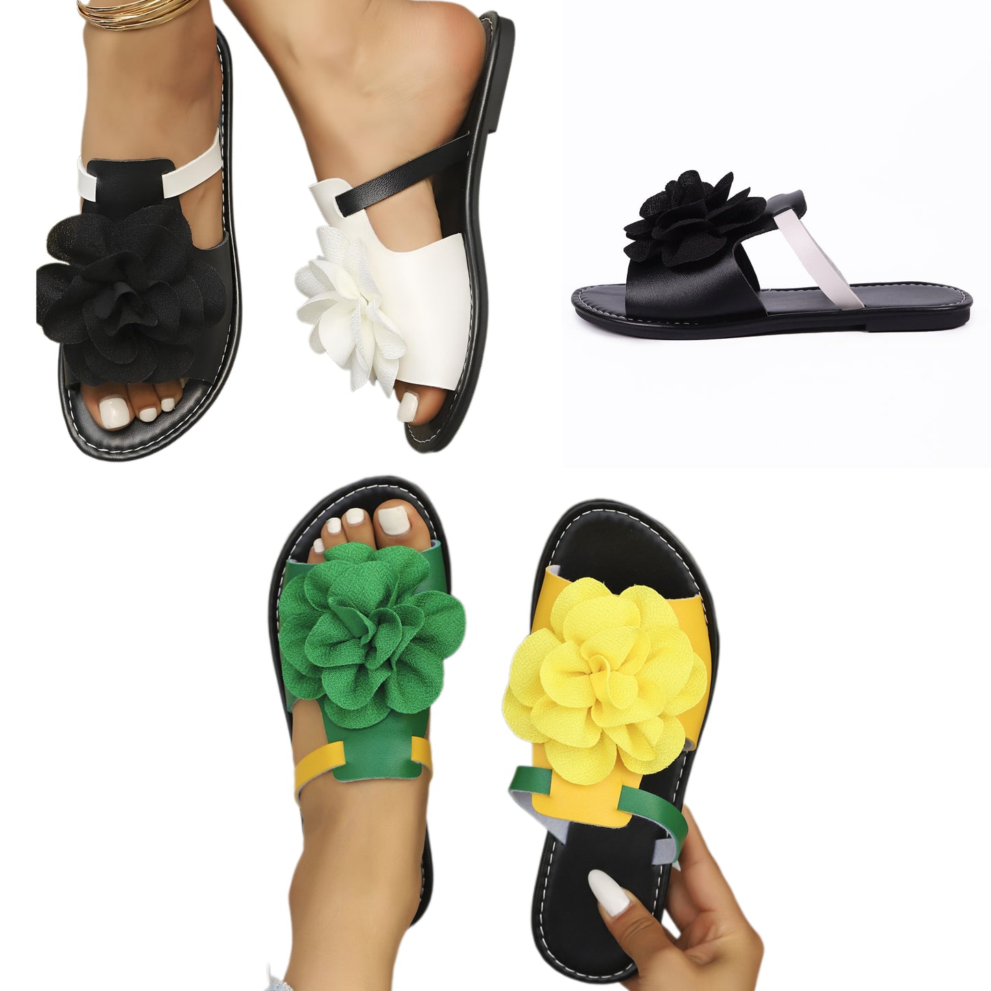 Large 3D Flower Slides Open Toe Slip-On Flats Sandals Color Contrasting Two-Tone Shoes