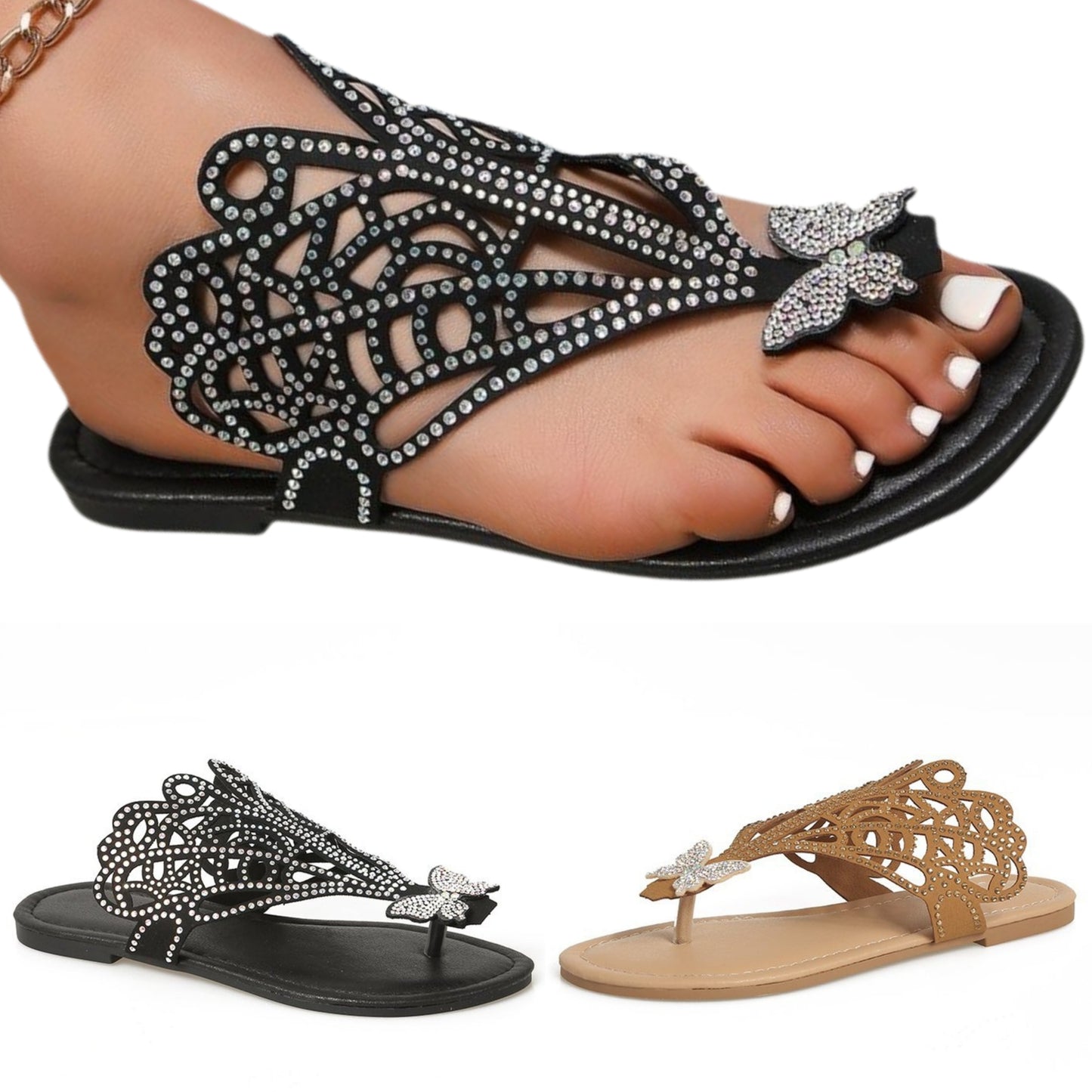 Butterfly Rhinestone Sandals Toe Post Flat Sparkling Slide Bling Filigree Slip-on Shoes