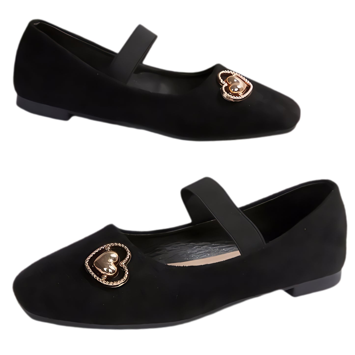 Gold Heart Elastic Strap Ballet Square Toe Slip-On Mary Jane Faux Vegan Suede Shoes