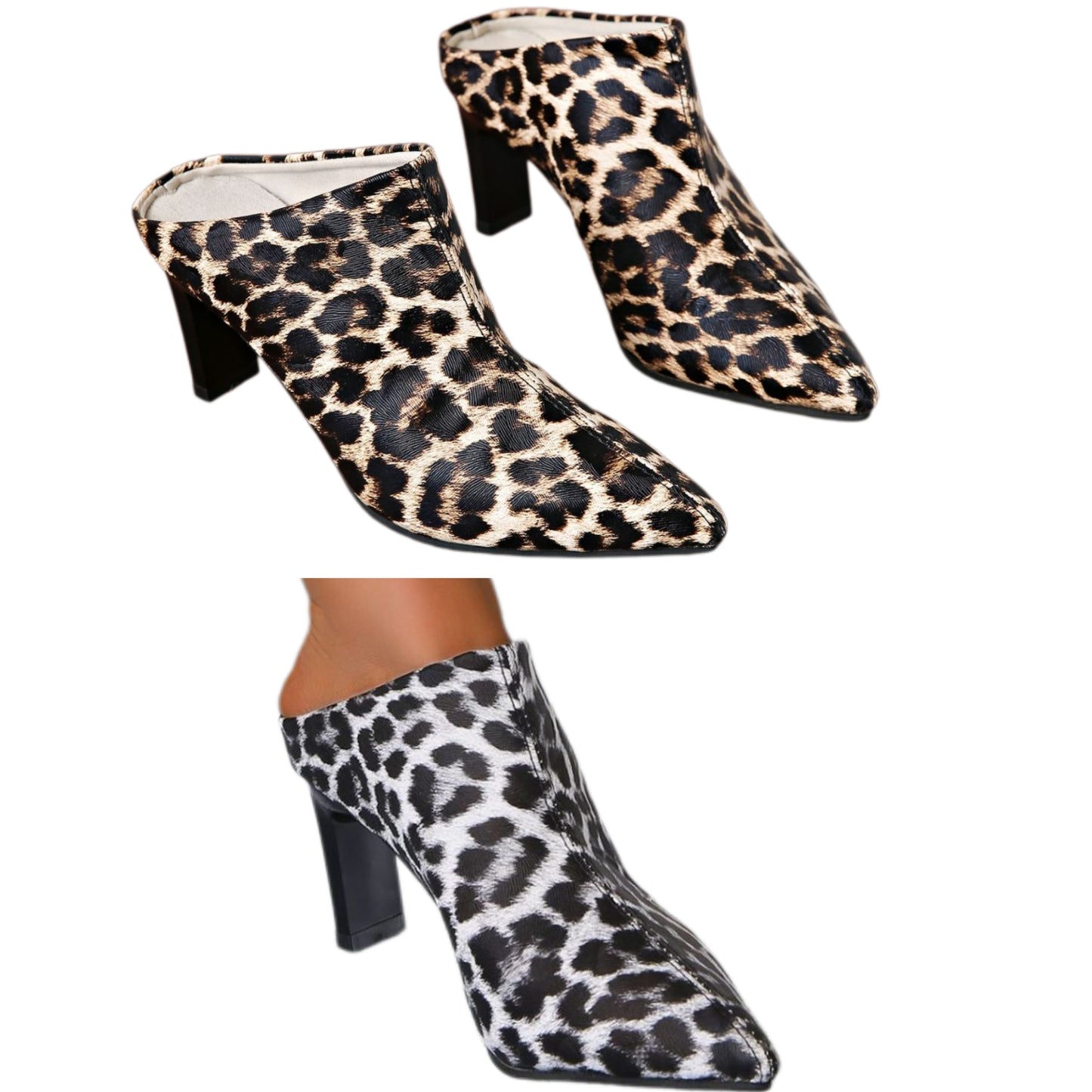 Bold Leopard Slip-On Clog Mule Pointed Toe Heeled Boot Vegan Leather Shoes