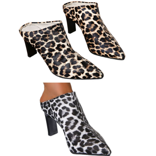 Bold Leopard Slip-On Clog Mule Pointed Toe Heeled Boot Vegan Leather Shoes