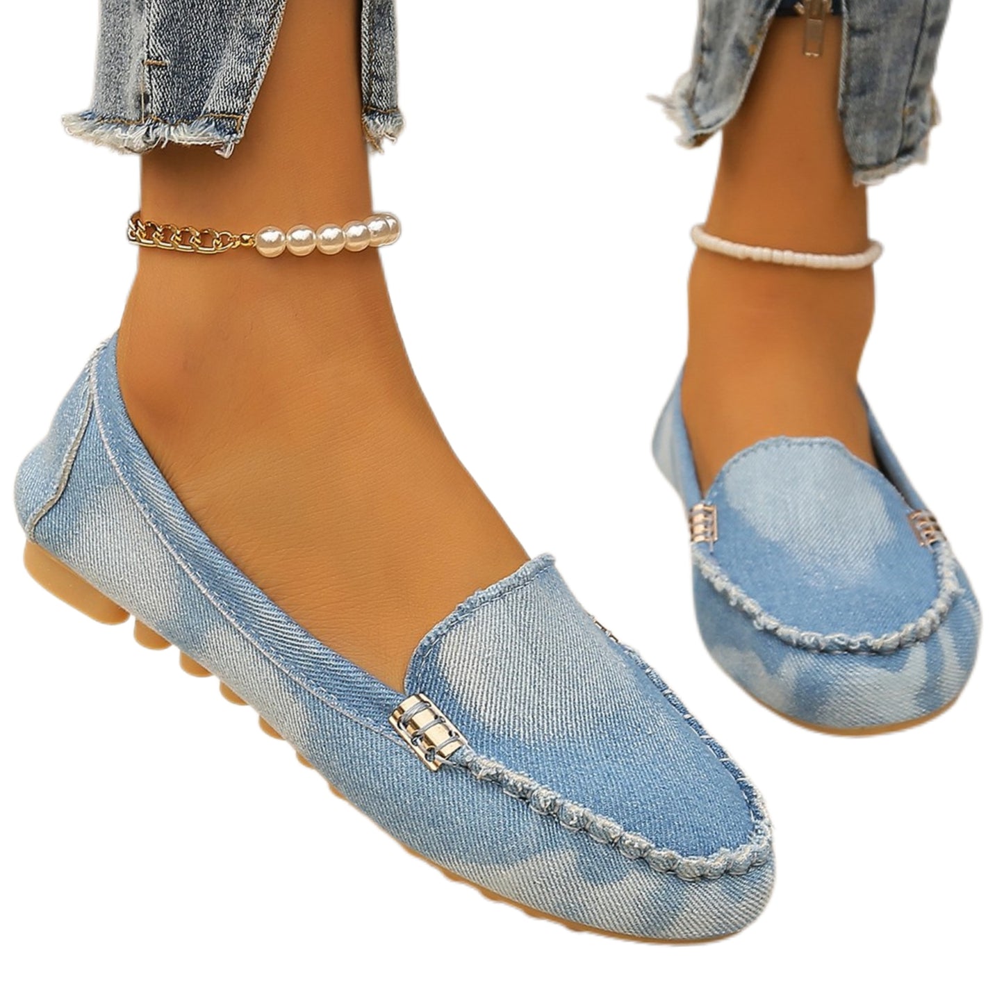 Denim Flat Slip-On Loafers Raw Seam Retro Acid Wash Round Toe Boat Shoes