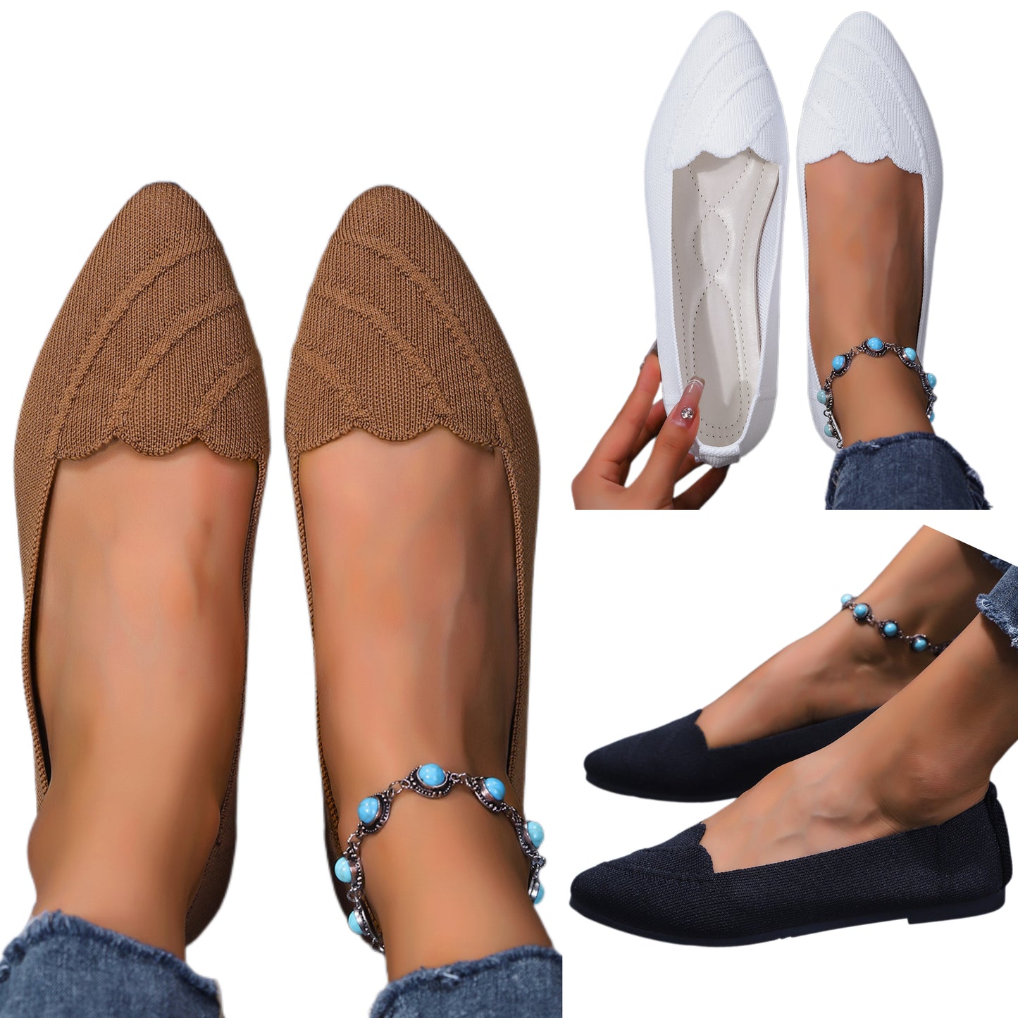 Jacquard Mesh Knit Pointed Toe Flats Slip-On Ballet Loafers Scalloped Edge Shoes