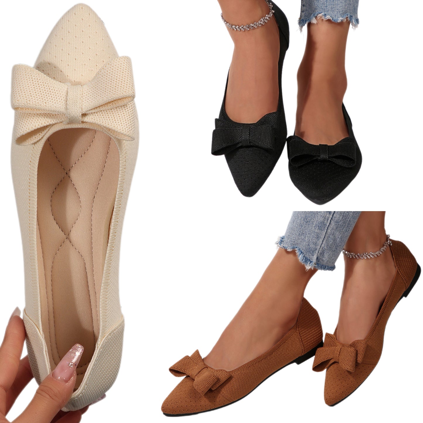 Large Bow Mesh Knit Pointed Toe Flats Slip-On Ballet Breathable Loafers Shoes