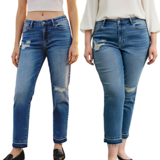 Judy Blue Full Size Mid Rise Bf Patch & Repair Destroy Release Hem Jeans Plus Size