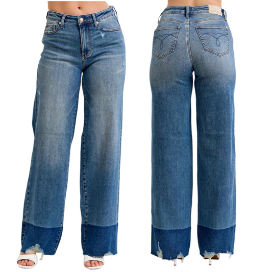 Judy Blue High-Rise Straight Leg Relaxed Column Jeans Dark Raw Hem Denim Pants