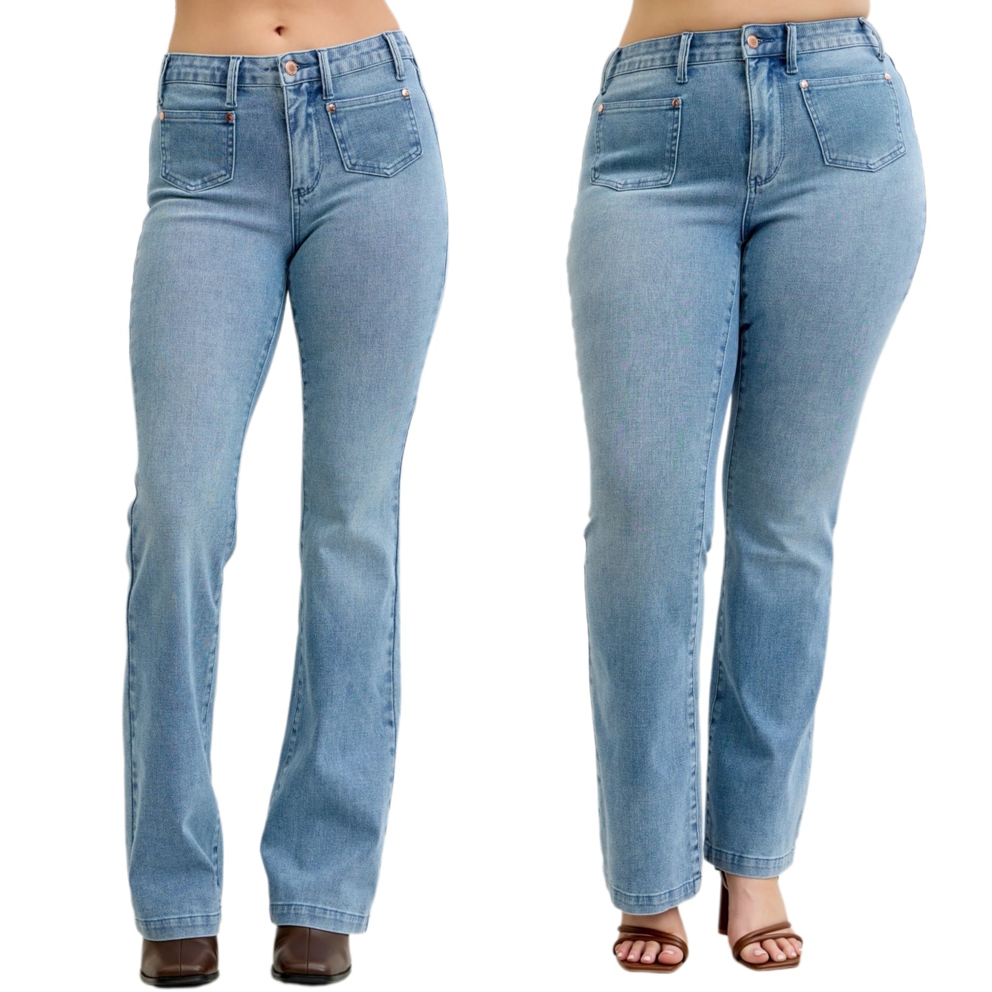 Judy Blue Retro Mid-Rise 70s Patch Pocket Pants Slim Fit Bootcut Leg Denim Jeans Plus Size Available
