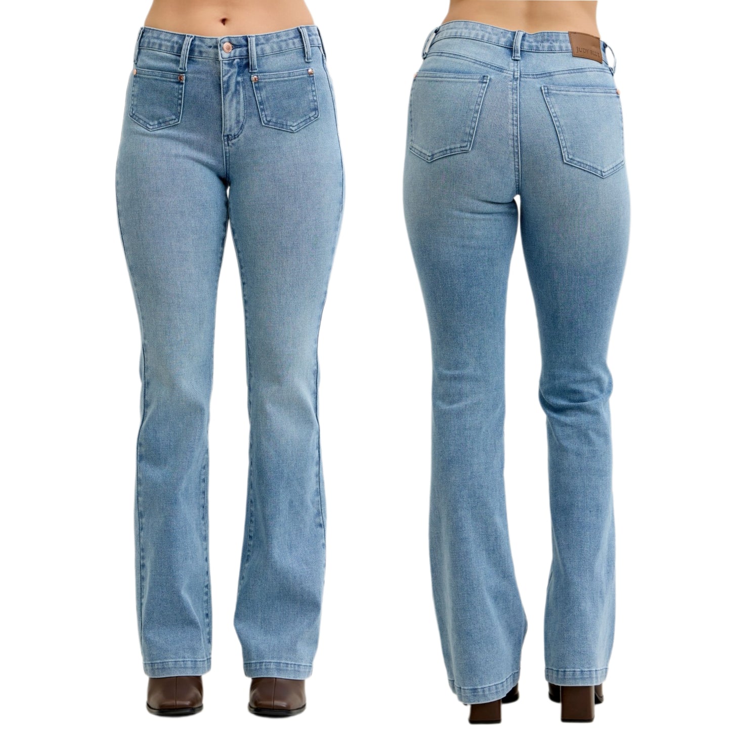 Judy Blue Retro Mid-Rise 70s Patch Pocket Pants Slim Fit Bootcut Leg Denim Jeans Plus Size Available