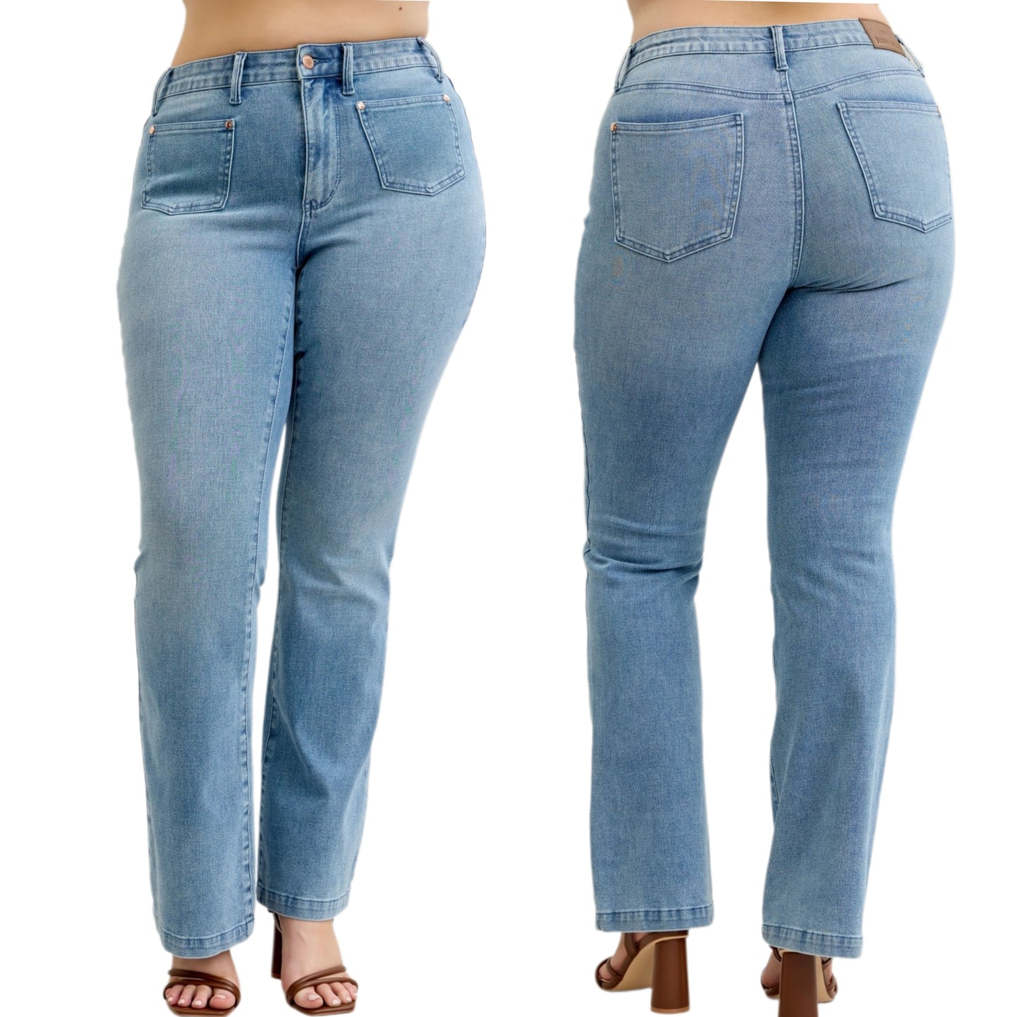 Judy Blue Retro Mid-Rise 70s Patch Pocket Pants Slim Fit Bootcut Leg Denim Jeans Plus Size Available