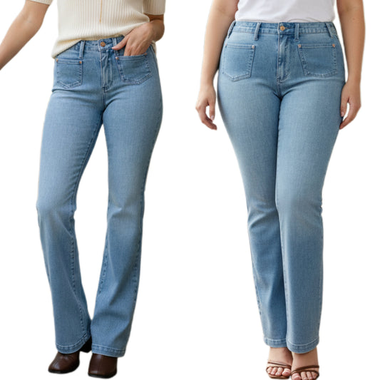 Judy Blue Retro Mid-Rise 70s Patch Pocket Pants Slim Fit Bootcut Leg Denim Jeans Plus Size Available