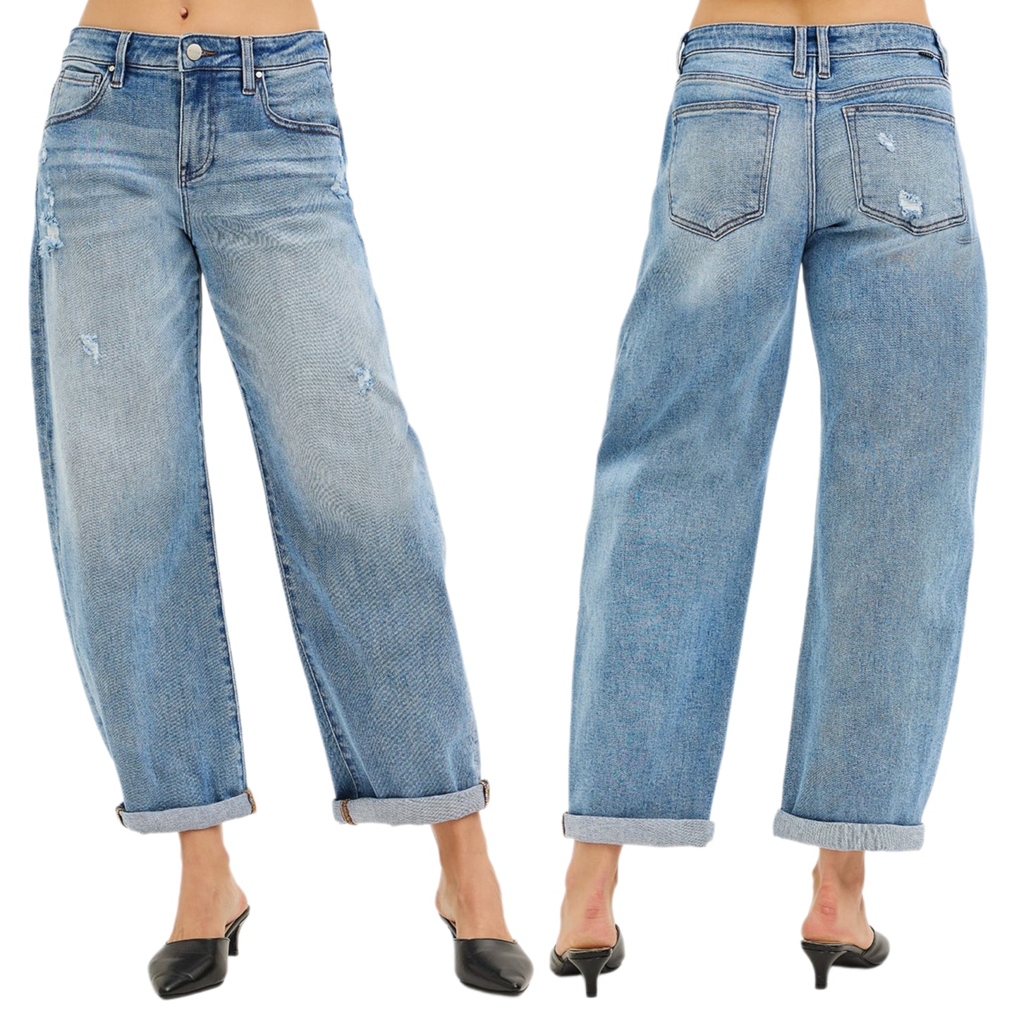 Risen High-Rise Baggy Barrel Jeans Rolled Tapered Cuffed Ankle Distressed Denim Pants