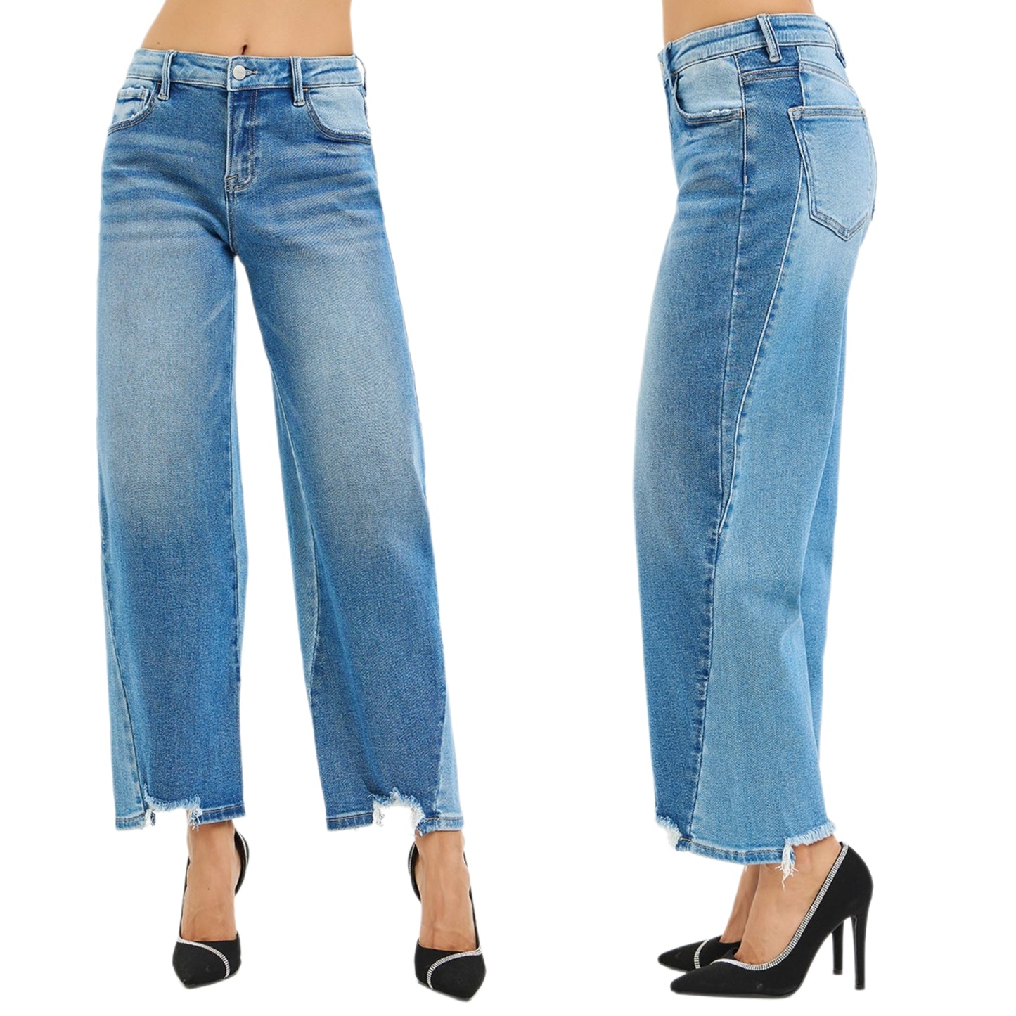 Risen High-Rise Baggy Tapered Barrel Jeans Two-Tone Denim Crop Raw Hem Pants Plus Size Available