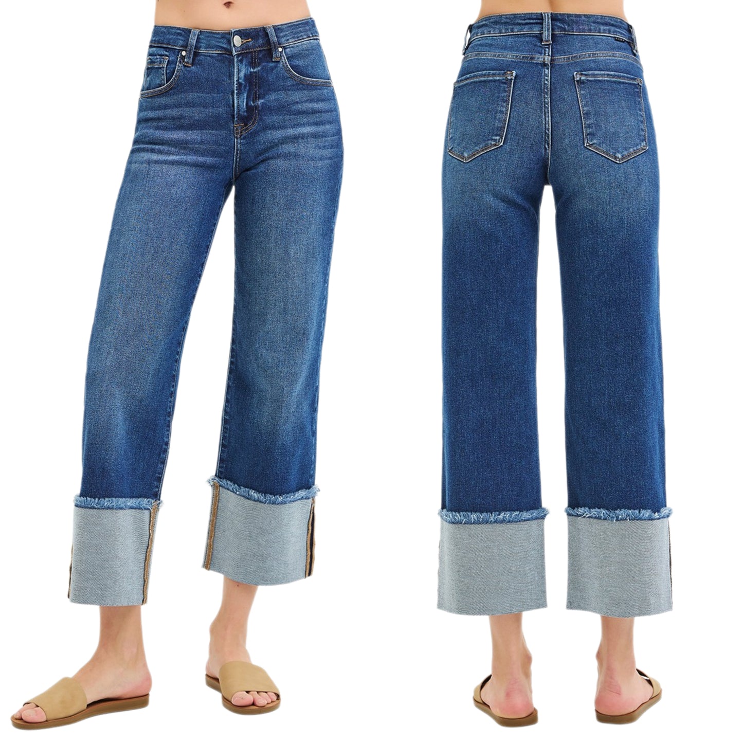 Risen Mid-Rise Cropped Wide Leg Jeans Dramatic Cuffed Raw Hem Denim Pants Plus Size Available