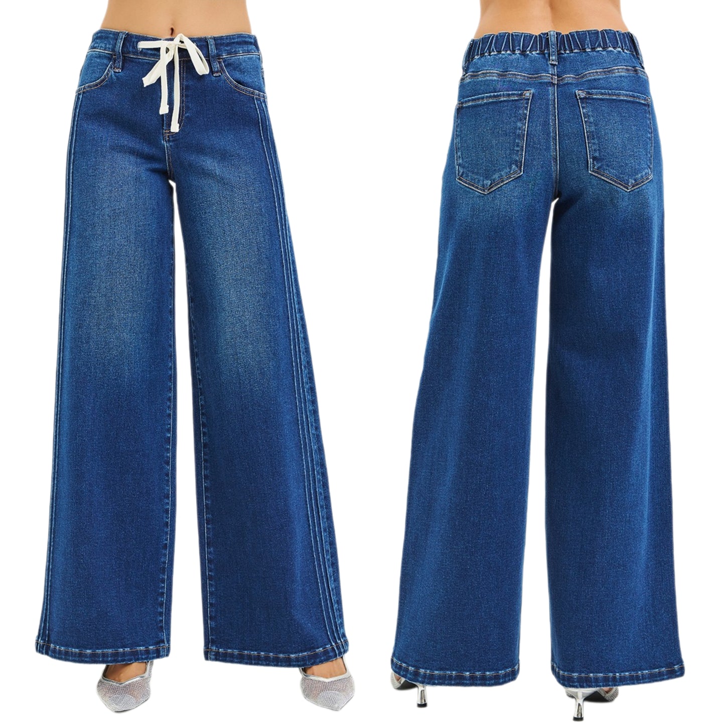 Risen Mid Rise Wide Leg Side Pintuck Jeans Drawstring Waist Baggy Relaxed Fit Plus Size Available