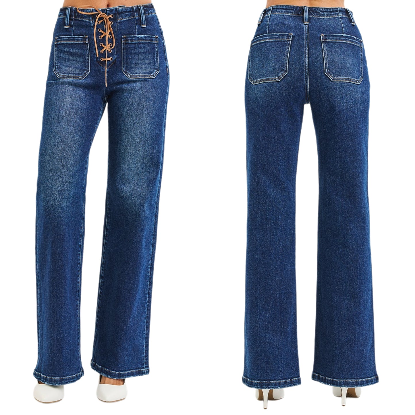 Risen High-Rise Wide Leg Jeans Lace-Up Tie Waist Retro 70s Patch Pocket Denim Pants