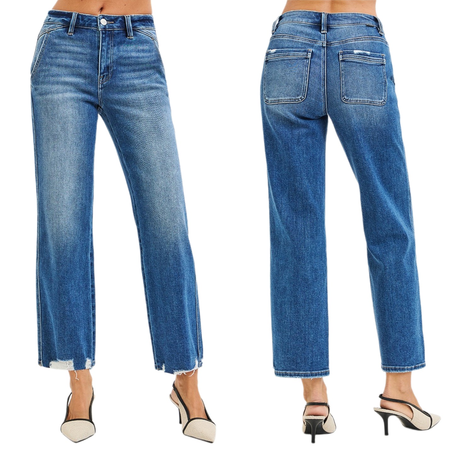 Risen High-Rise Flat Front Straight Leg Jeans Distressed Ankle Hem Demim Pants