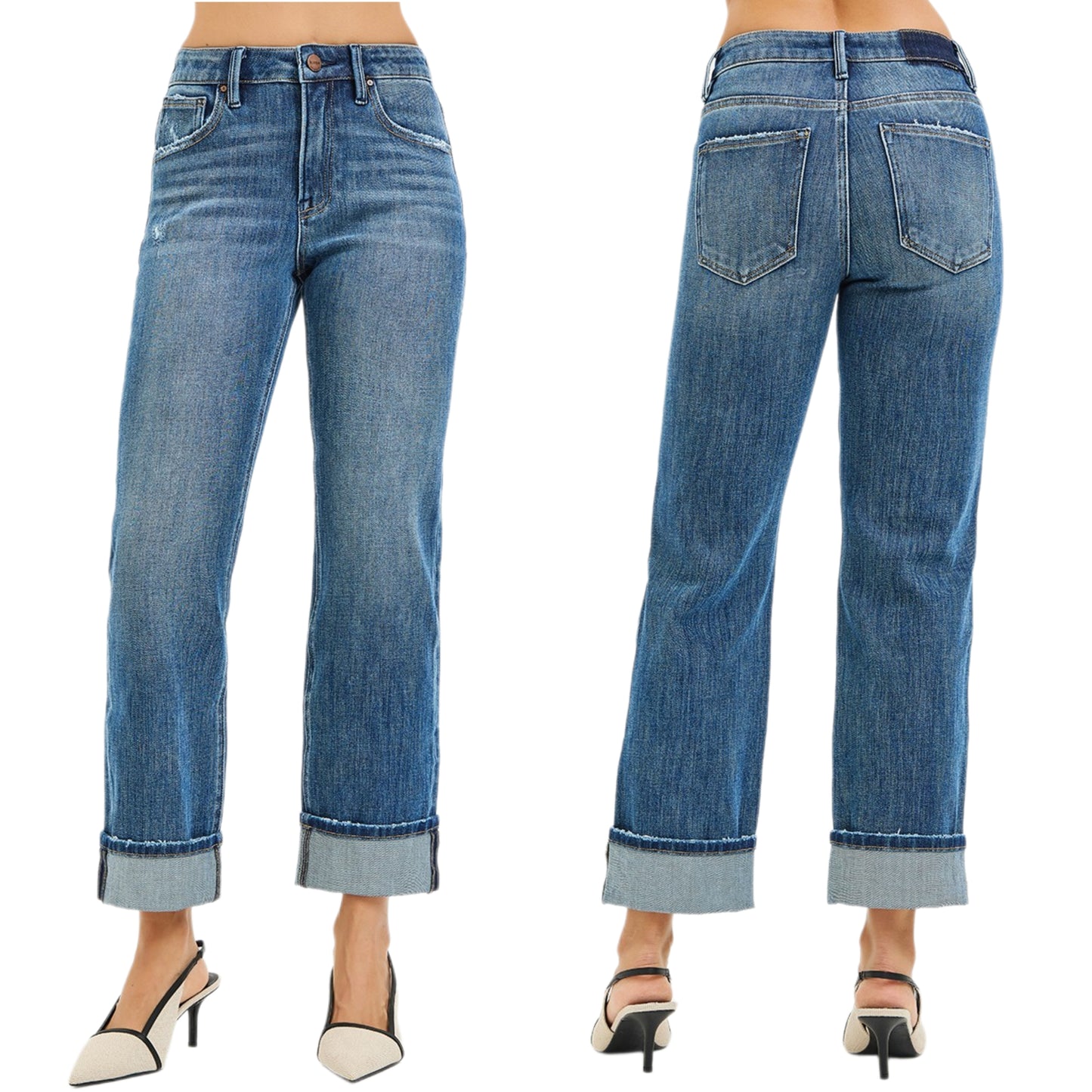 Risen High-Rise 4-Way Stretch Straight Leg Distressed Jeans Crop Ankle Cuffed Raw Hem Plus Size Available