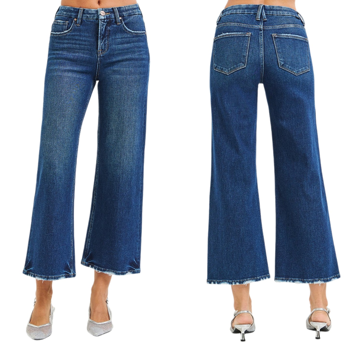 Risen Tummy Control High-rise Pants Slim Fit 4-Way Stretch Denim Wide Leg Cropped Raw Hem Jeans