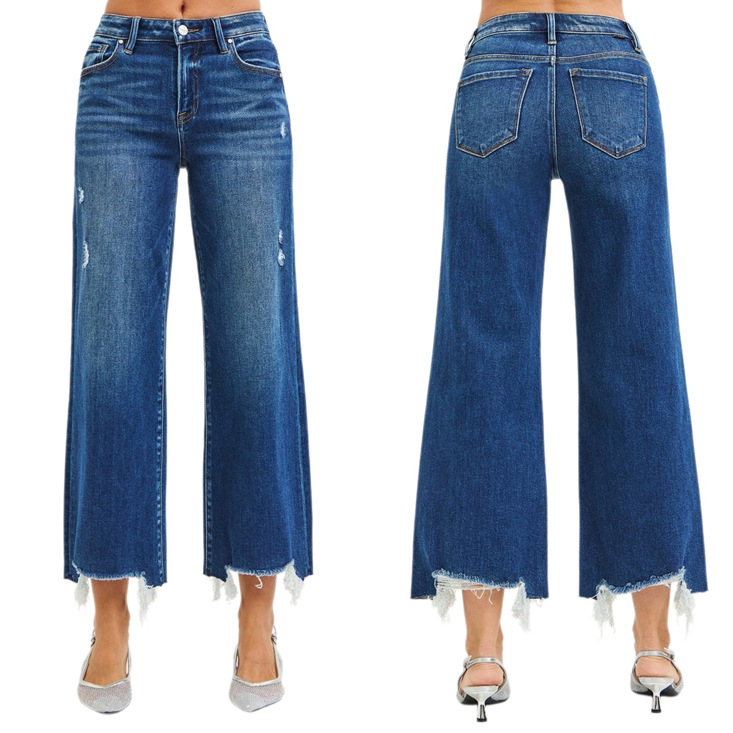 Risen High-Rise Relaxed Wide Leg Pants Distressed Cropped Frayed Hem Denim Jeans