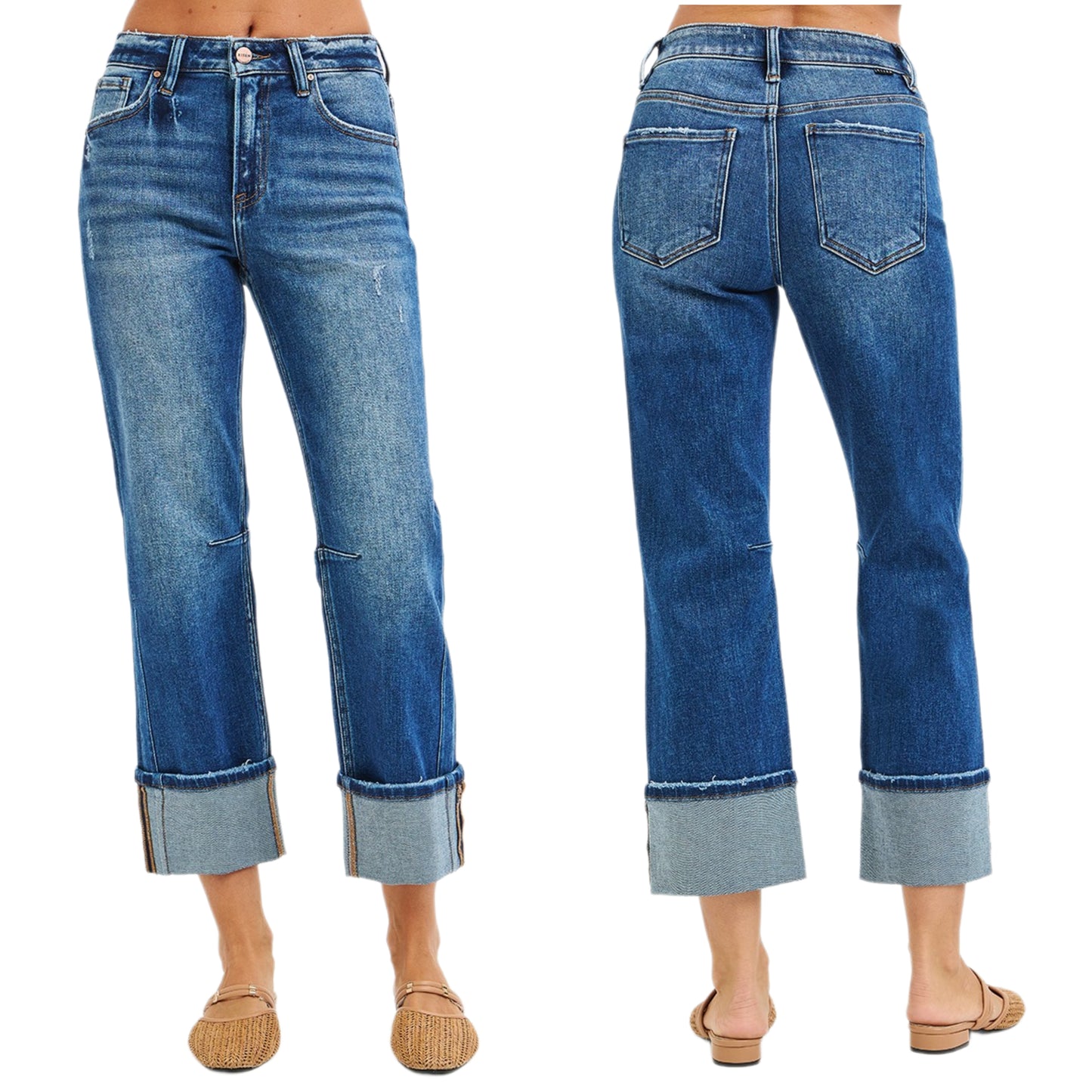 Risen High-Rise Pintuck Straight Leg Crop Jeans Wide Cuff Raw Hem Denim Pants