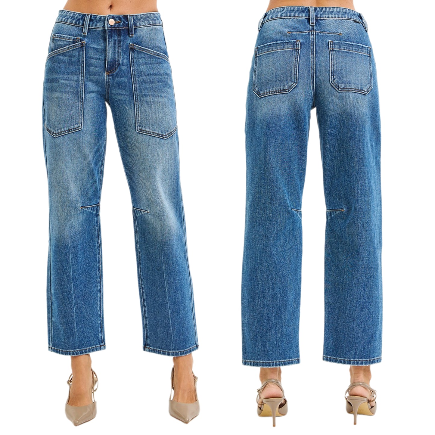 Risen 4-Way Stretch Mid Rise Tapered Barrel Crop Jeans Retro 70s Patch Pockets