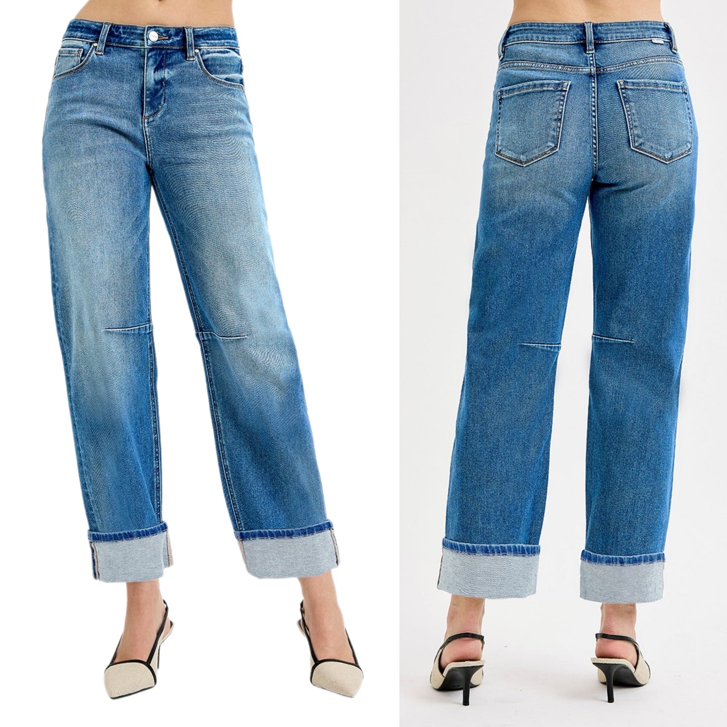 Risen High-Rise Baggy Boyfriend Fit Jeans Cropped Barrel Leg Wide Cuffed Raw Hem Denim Pants