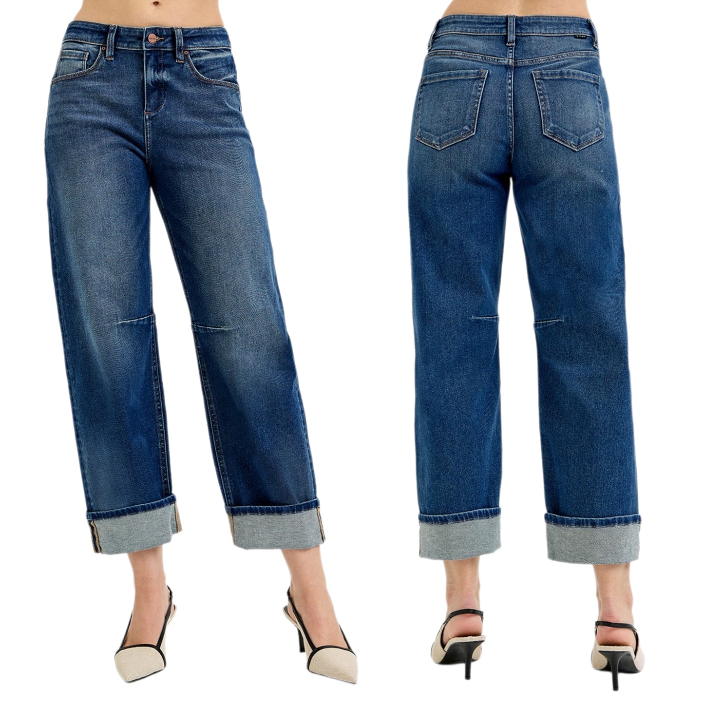 Risen High-Rise Boyfriend Fit Crop Baggy Jeans Barrel Leg Cuff Hem Denim Pants