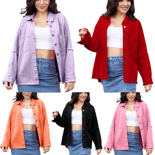 Lightweight Raw Hem Button-Up Shacket Oversized Boyfriend Exposed Seam Denim Jacket