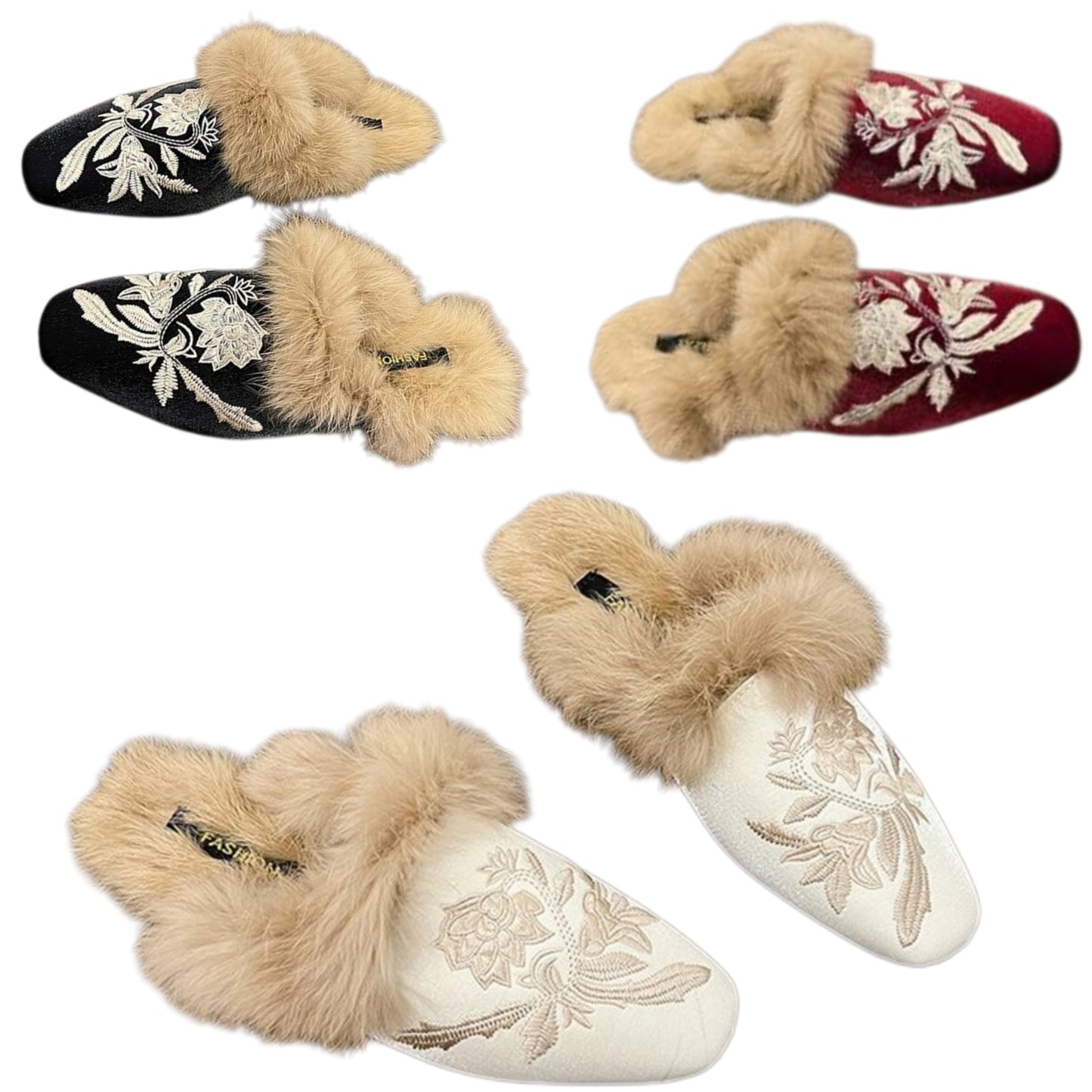Victorian Floral Embroidered Faux Fur Trim Vegan Suede Slippers Slip-On House Shoes