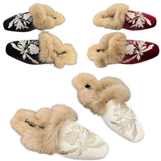 Victorian Floral Embroidered Faux Fur Trim Vegan Suede Slippers Slip-On House Shoes
