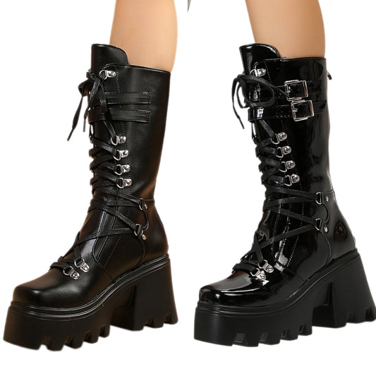 Tall Lace-Up Platform Combat Boots Vegan Leather Chunky Lug High Heel Shoes