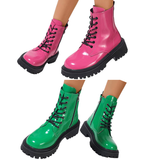 Bright Platform Chunky Lug Combat Boots Vegan Patent Leather Lace-Up K-pop Shoes