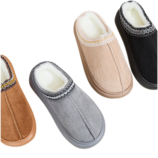 Embroidered Vegan Fur Faux Suede Platform Slippers Slip-On House Shoes Clogs