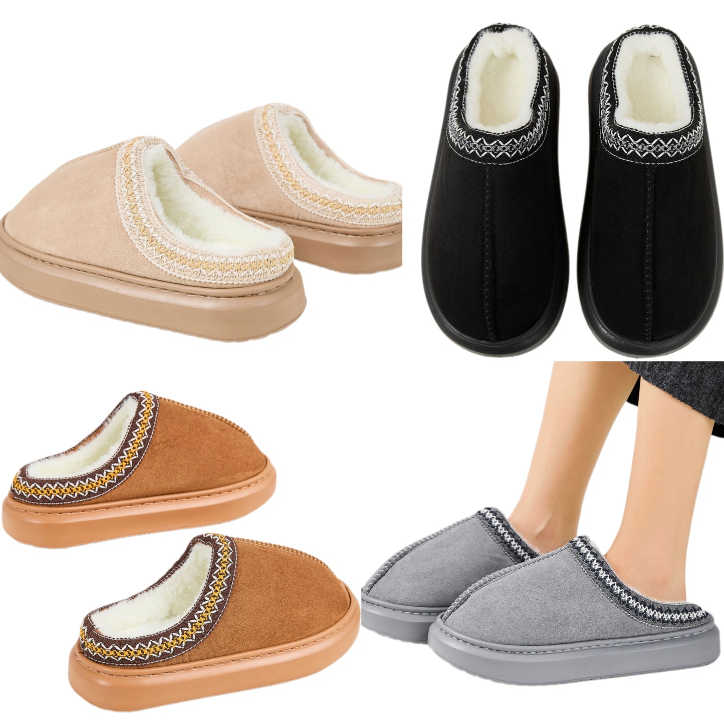 Embroidered Vegan Fur Faux Suede Platform Slippers Slip-On House Shoes Clogs